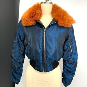 Forever 21 faux fur trim jacket blue orange bomber puffer sz s or xs